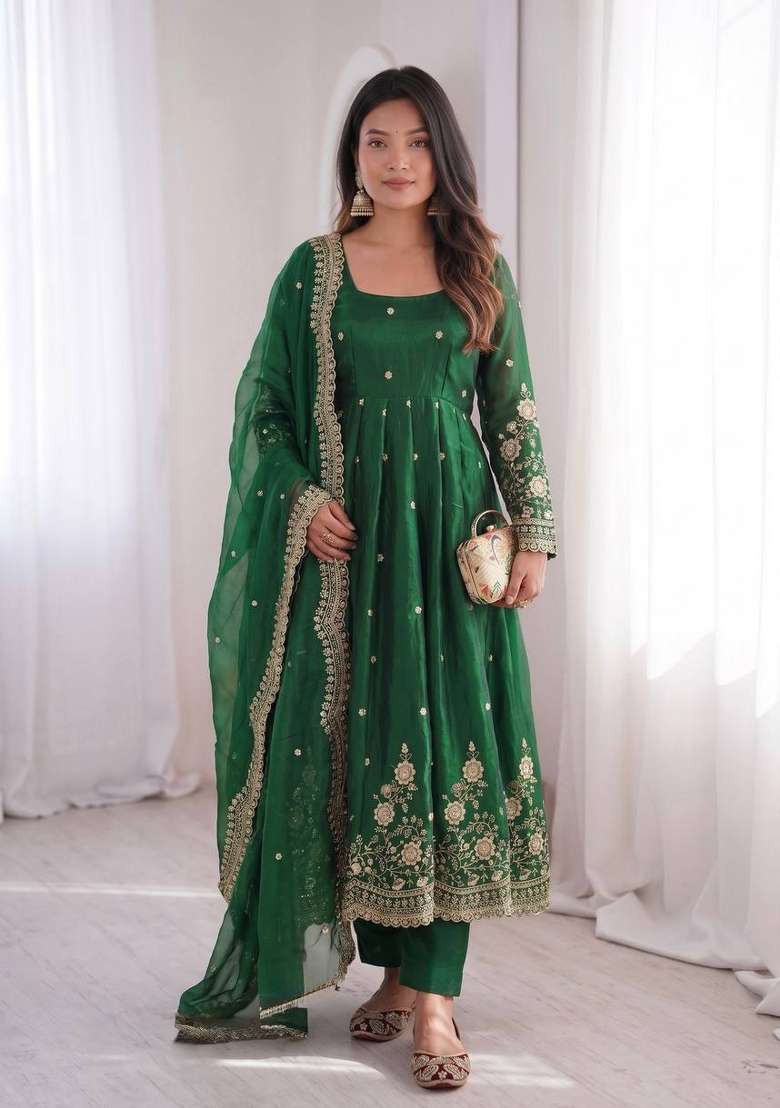 Dark Green Embroidered Silk Anarkali Set - Indya