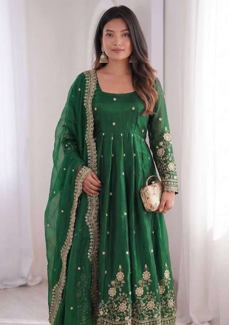 Dark Green Embroidered Silk Anarkali Set - Indya