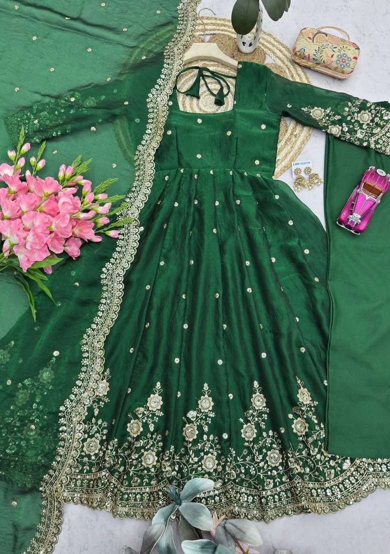 Dark Green Embroidered Silk Anarkali Set - Indya