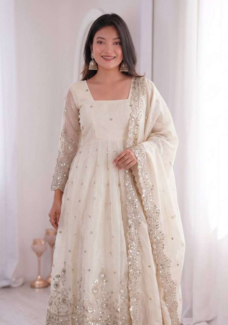 White Embroidered Silk Anarkali Set - Indya