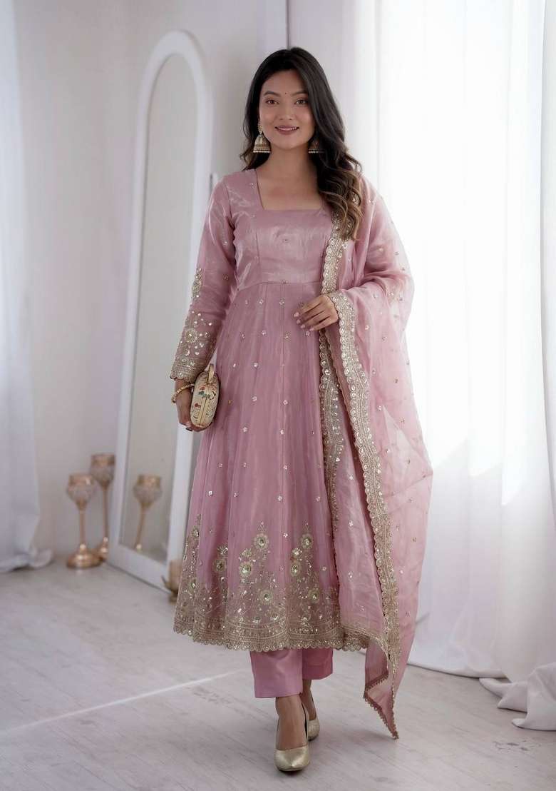 Pink Embroidered Silk Anarkali Set - Indya