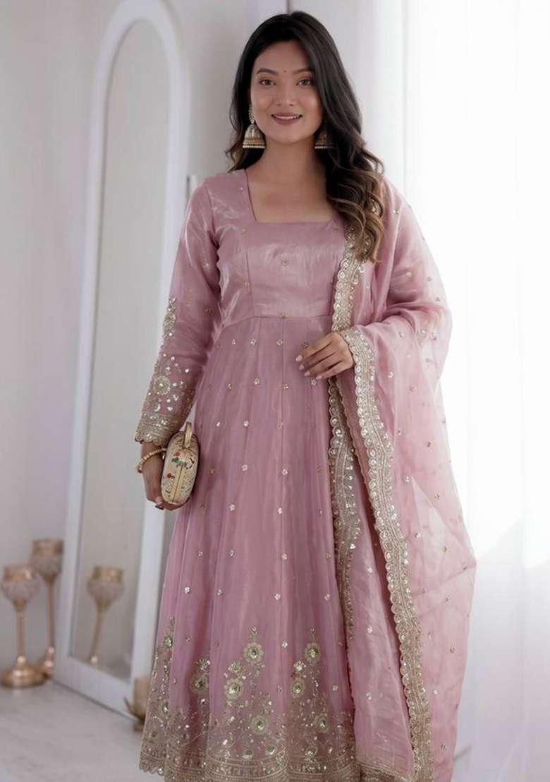 Pink Embroidered Silk Anarkali Set - Indya
