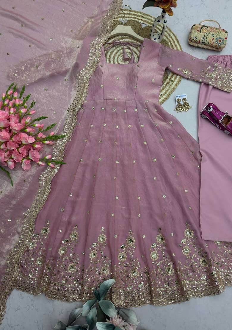 Pink Embroidered Silk Anarkali Set - Indya