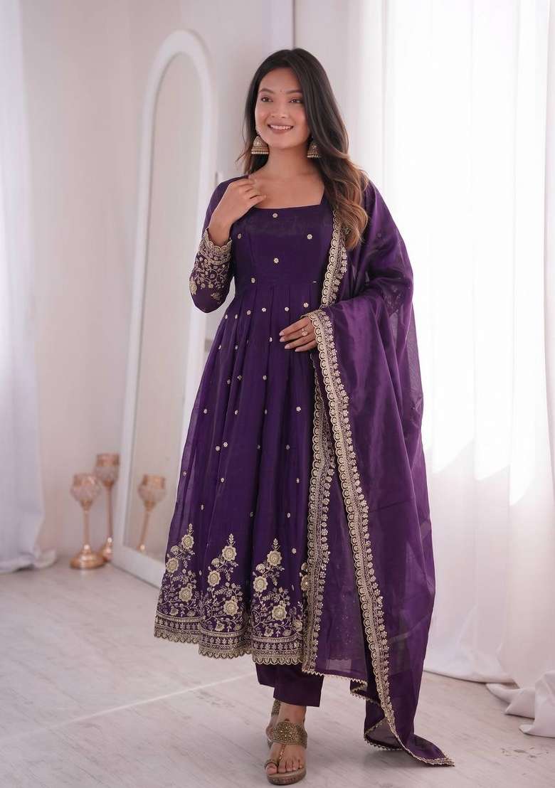 Dark Purple Embroidered Silk Anarkali Set - Indya