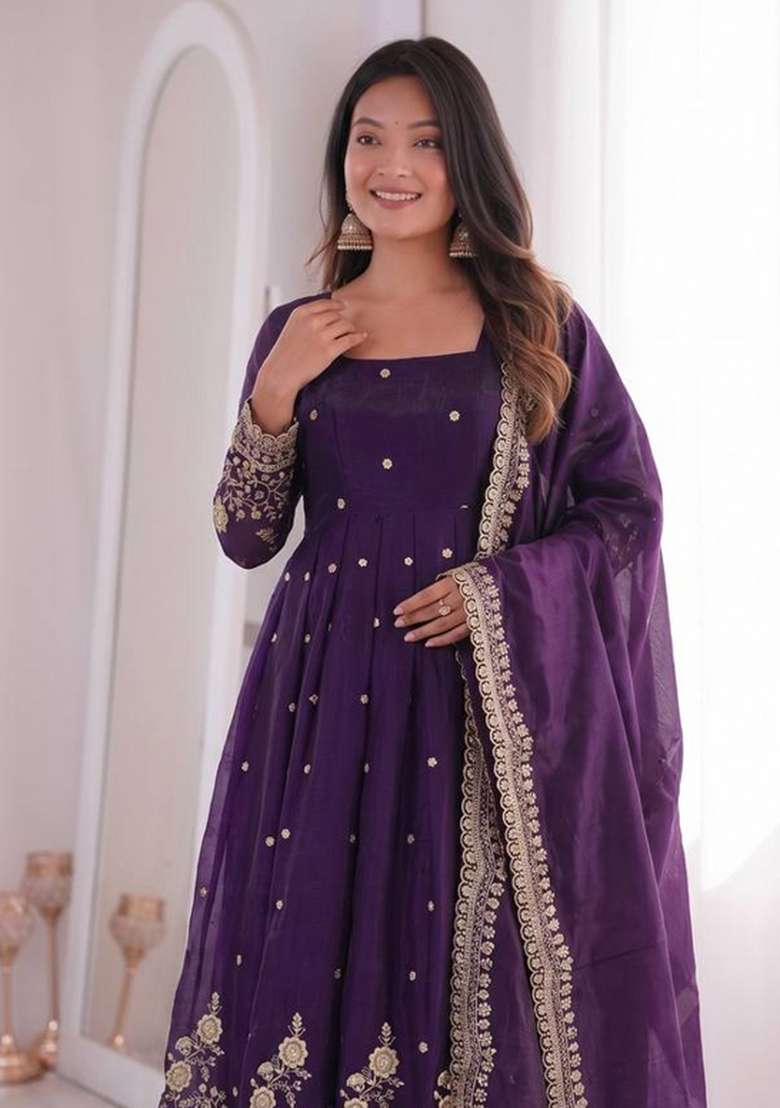 Dark Purple Embroidered Silk Anarkali Set - Indya