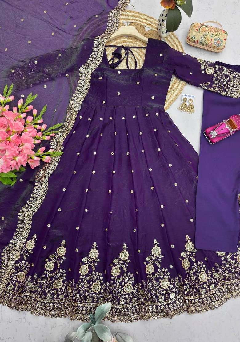 Dark Purple Embroidered Silk Anarkali Set - Indya