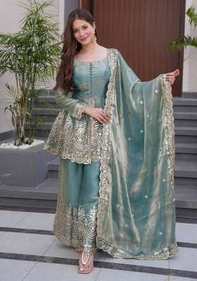 Blue Embroidered Silk Sharara Set