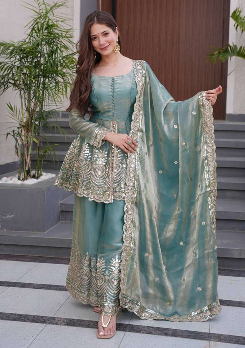 Blue Embroidered Silk Sharara Set - Indya