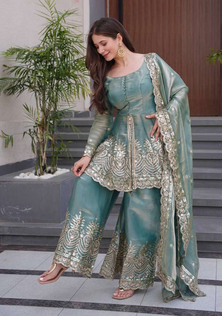 Blue Embroidered Silk Sharara Set - Indya