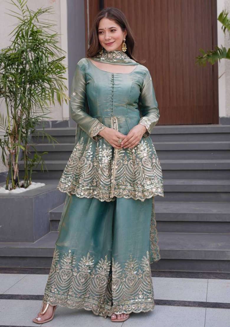 Blue Embroidered Silk Sharara Set - Indya