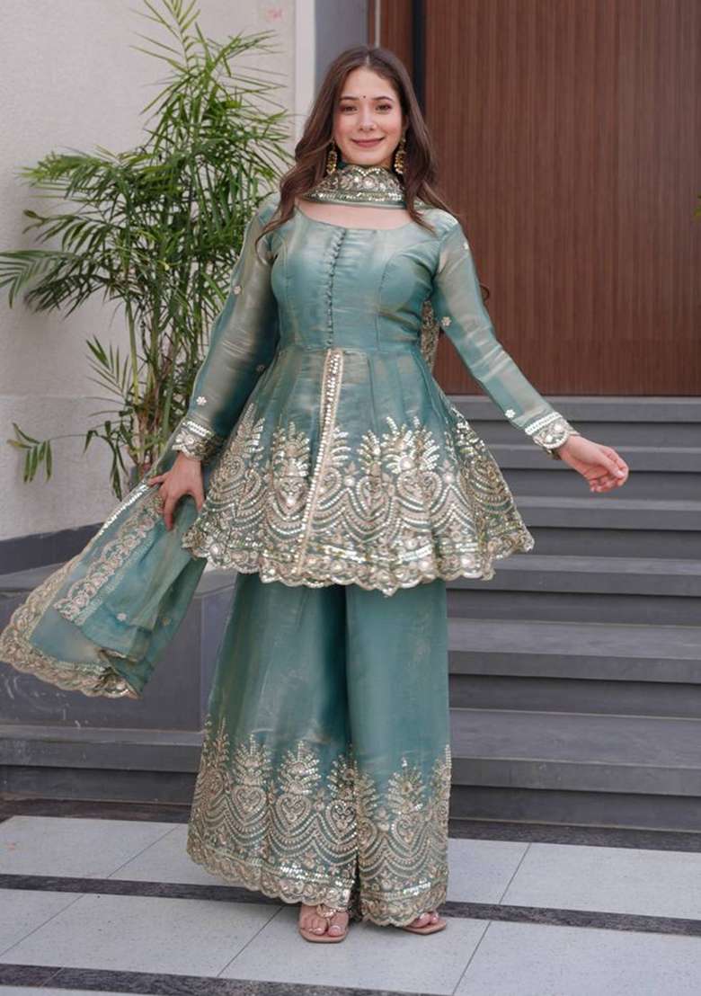 Blue Embroidered Silk Sharara Set - Indya