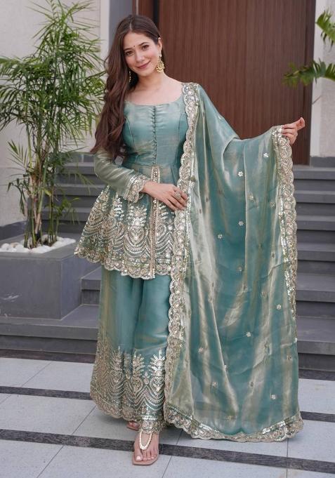 Blue Embroidered Silk Sharara Set