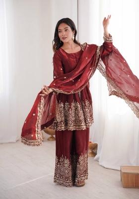 Red Embroidered Silk Sharara Set