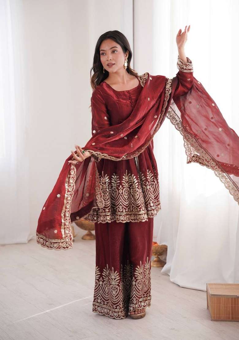 Red Embroidered Silk Sharara Set - Indya