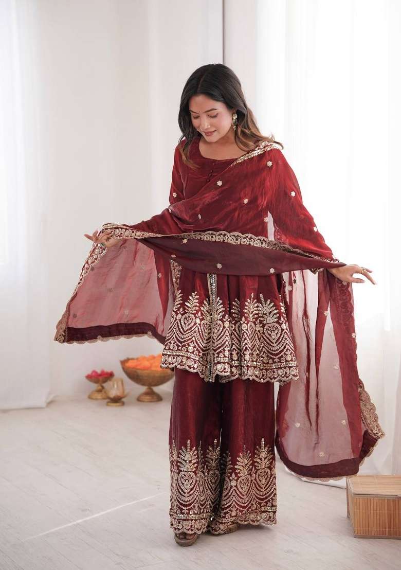 Red Embroidered Silk Sharara Set - Indya