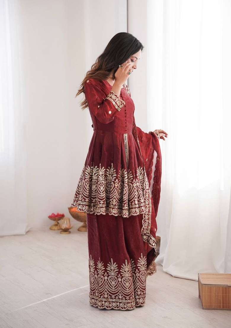Red Embroidered Silk Sharara Set - Indya