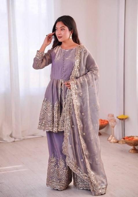 Light Purple Embroidered Silk Sharara Set