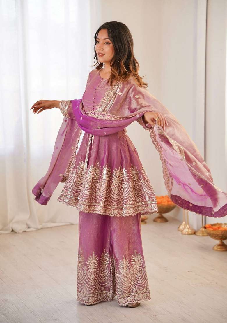 Pink Embroidered Silk Sharara Set - Indya