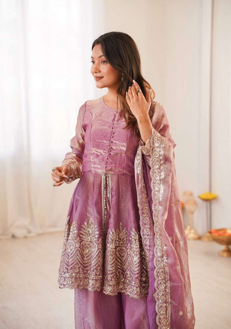 Pink Embroidered Silk Sharara Set - Indya