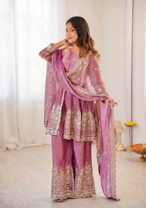 Pink Embroidered Silk Sharara Set