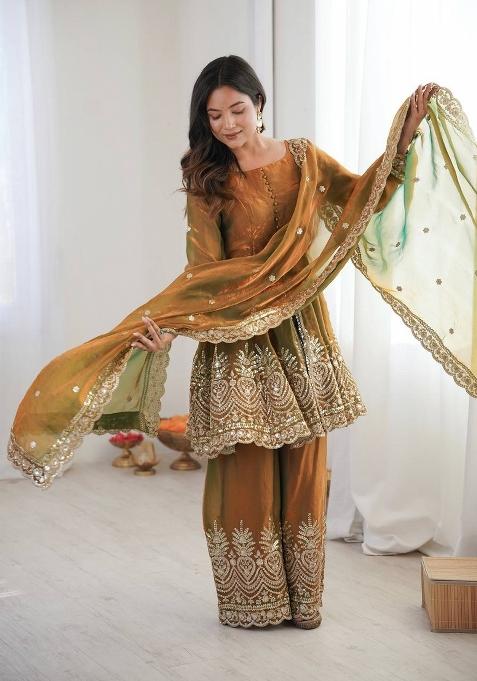 Yellow Embroidered Silk Sharara Set
