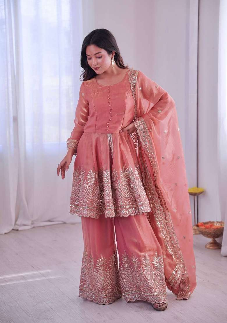 Peach Embroidered Silk Sharara Set - Indya