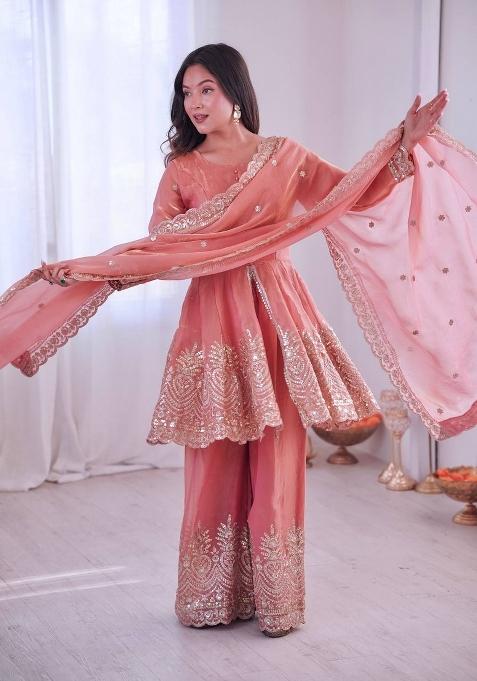 Peach Embroidered Silk Sharara Set