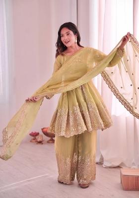 Light Yellow Embroidered Silk Sharara Set