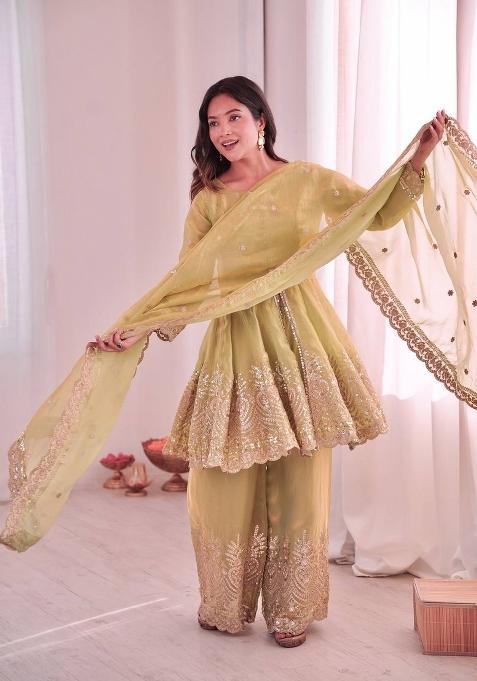Light Yellow Embroidered Silk Sharara Set