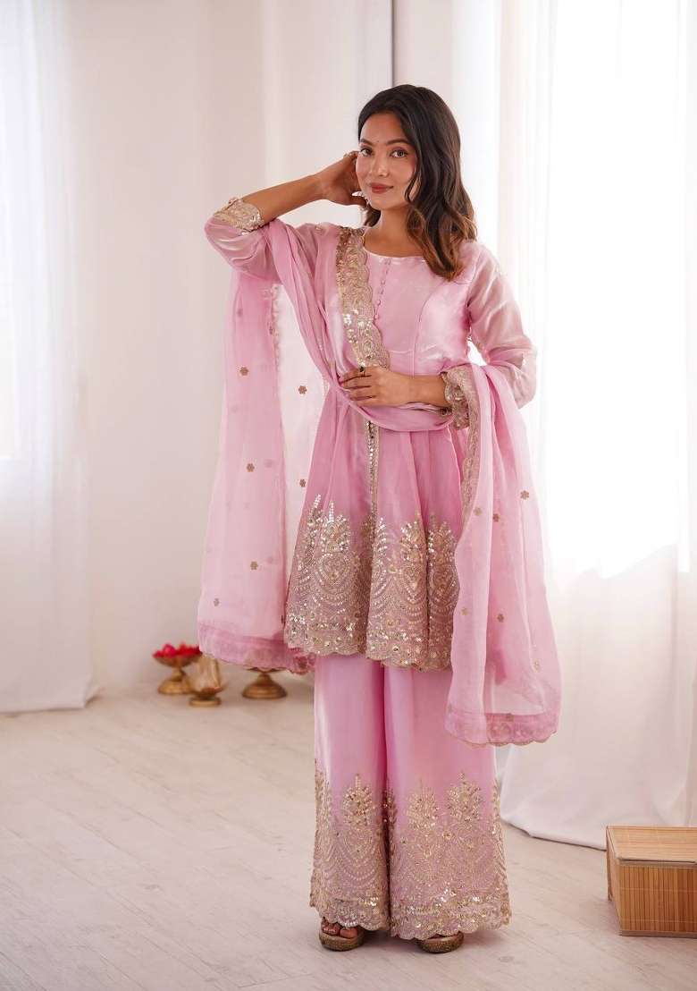 Light Pink Embroidered Silk Sharara Set - Indya