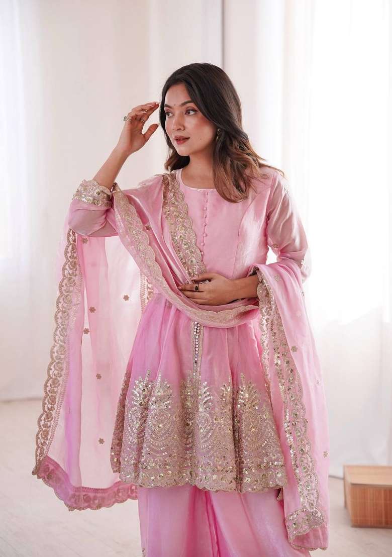 Light Pink Embroidered Silk Sharara Set - Indya