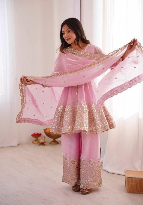 Light Pink Embroidered Silk Sharara Set