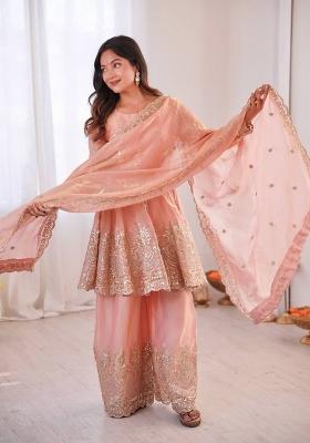 Light Orange Embroidered Silk Sharara Set