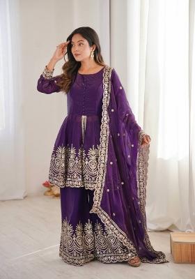 Purple Embroidered Silk Sharara Set