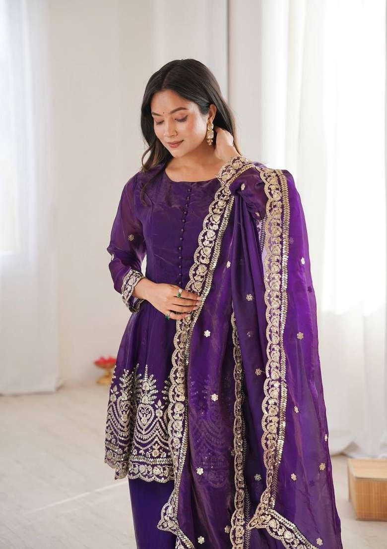 Purple Embroidered Silk Sharara Set - Indya