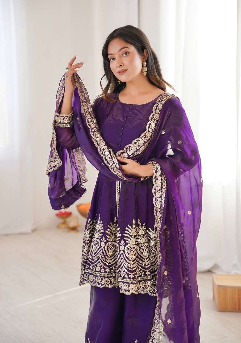 Purple Embroidered Silk Sharara Set - Indya