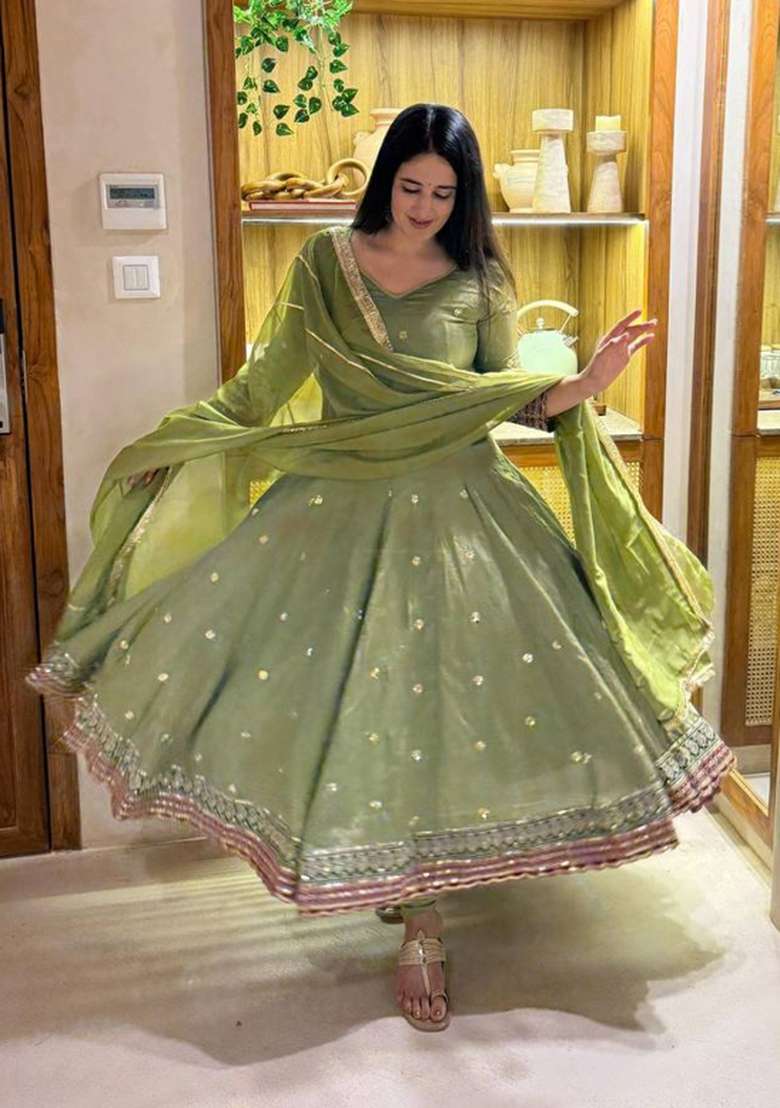 Green Embroidered Silk Anarkali Set - Indya