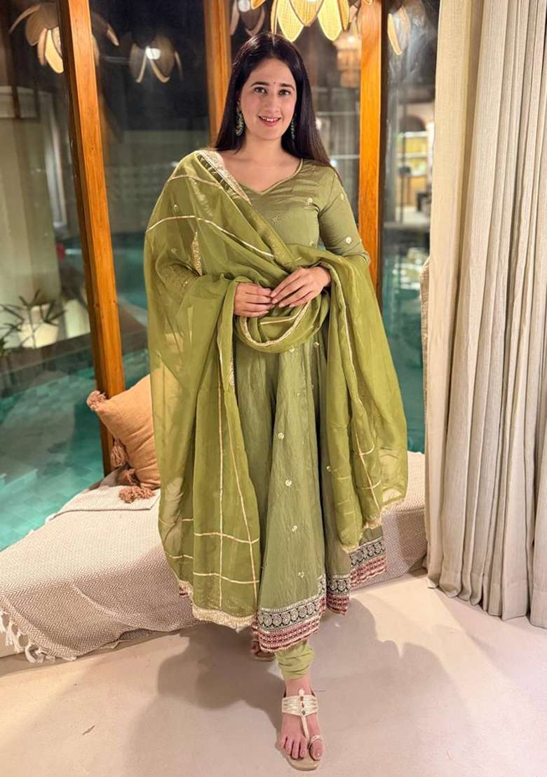 Green Embroidered Silk Anarkali Set - Indya