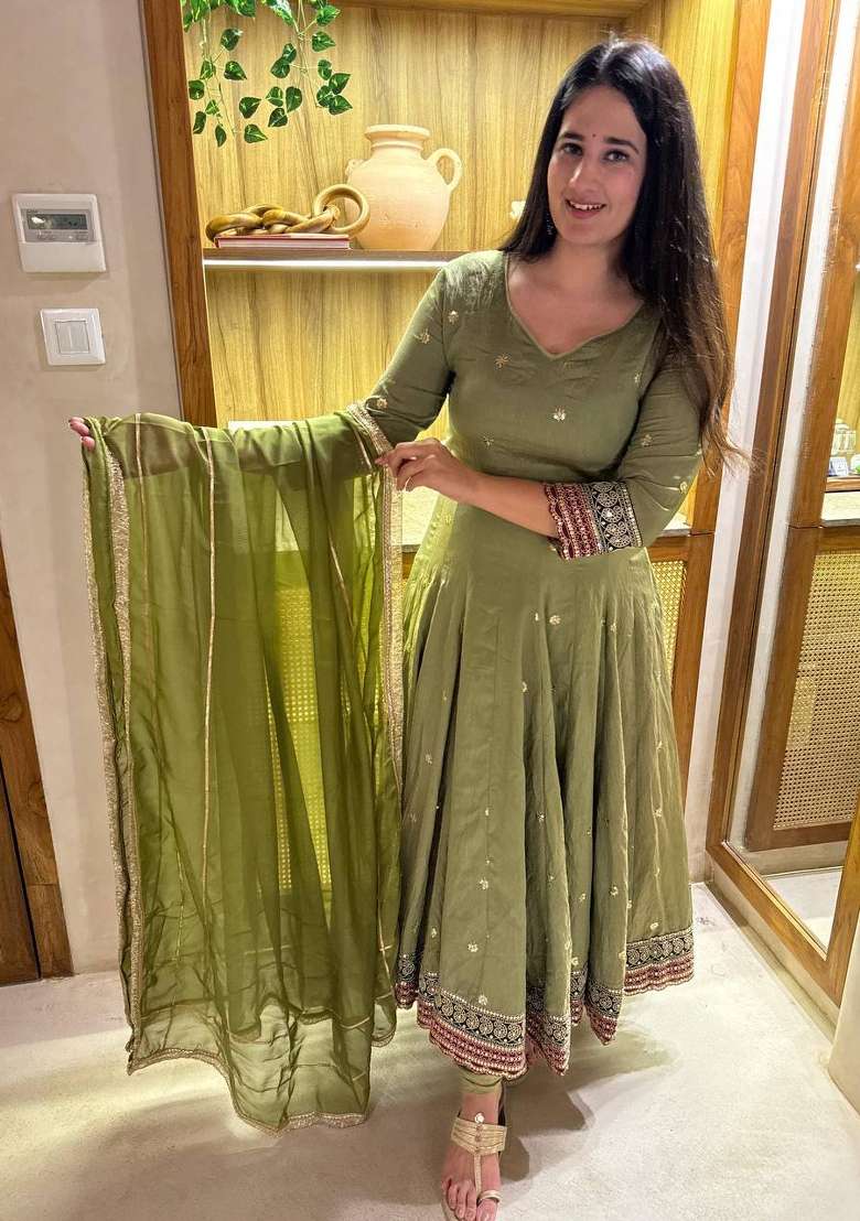 Green Embroidered Silk Anarkali Set - Indya