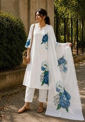 White Printed Cotton Kurta Set