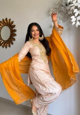 Cream Embroidered Satin Salwar Kameez