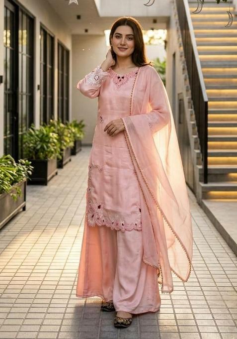Pink Embroidered Roman Sharara Set