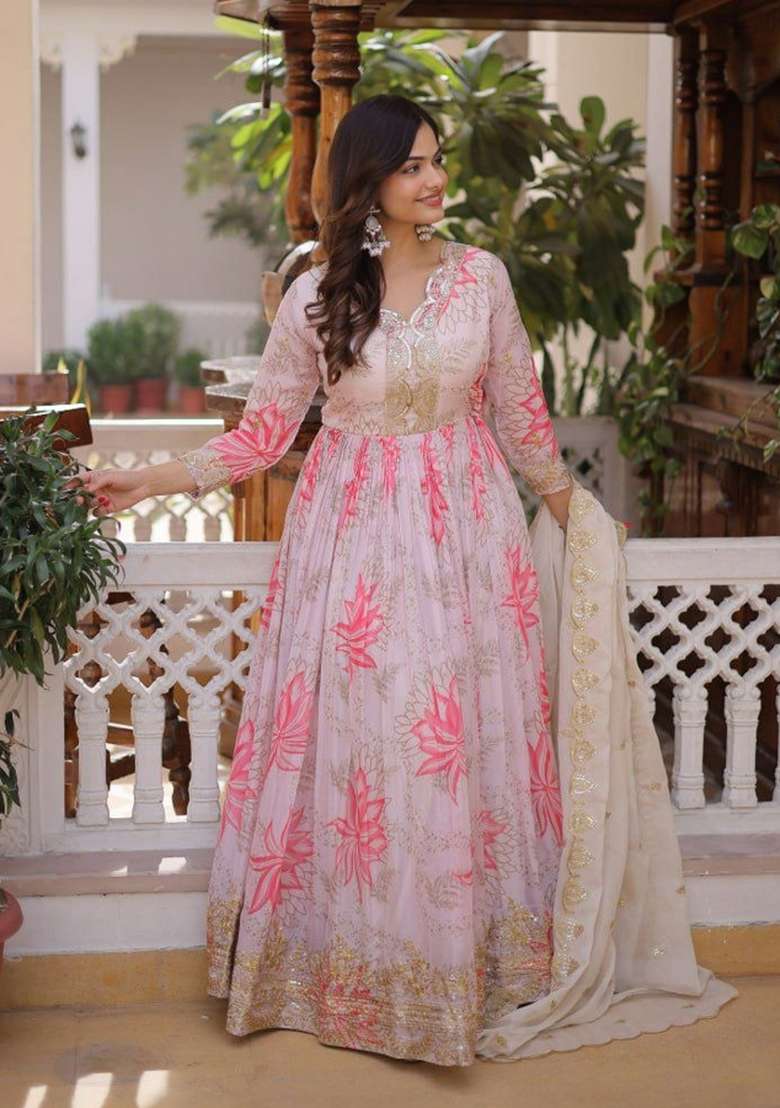 Pink Embroidered Silk Anarkali Set - Indya