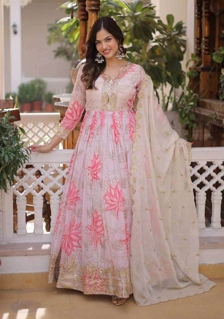 Pink Embroidered Silk Anarkali Set - Indya