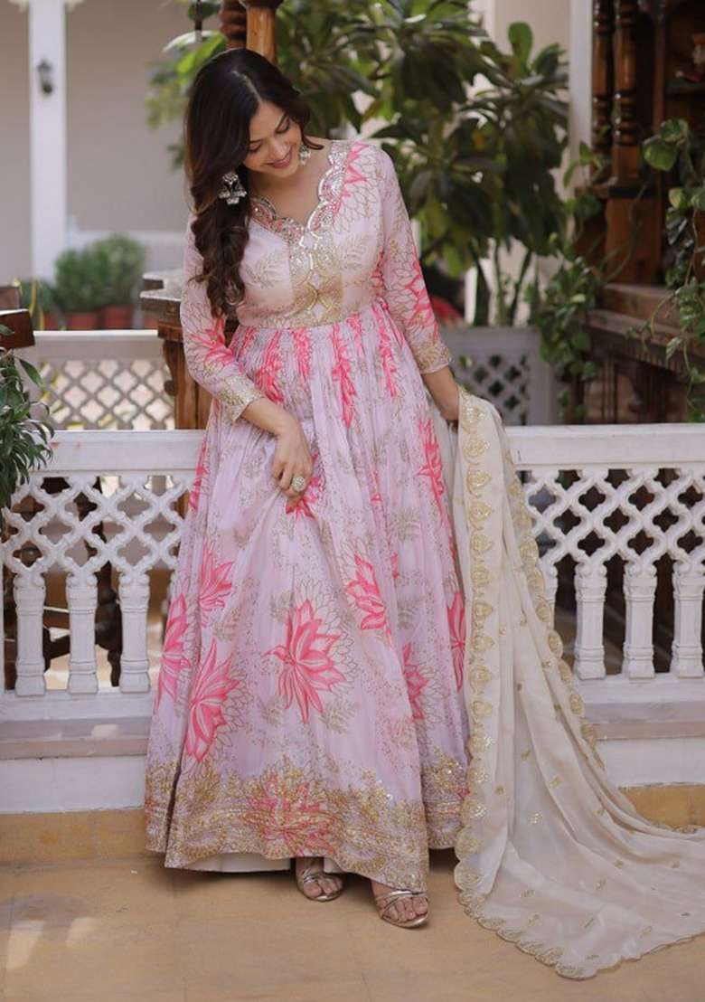 Pink Embroidered Silk Anarkali Set - Indya