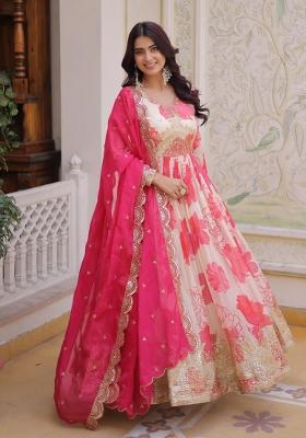 Pink Embroidered Silk Anarkali With Dupatta