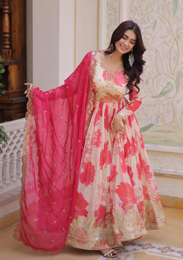 Pink Embroidered Silk Anarkali With Dupatta - Indya
