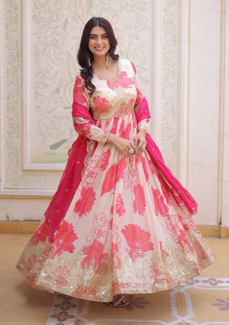 Pink Embroidered Silk Anarkali With Dupatta - Indya