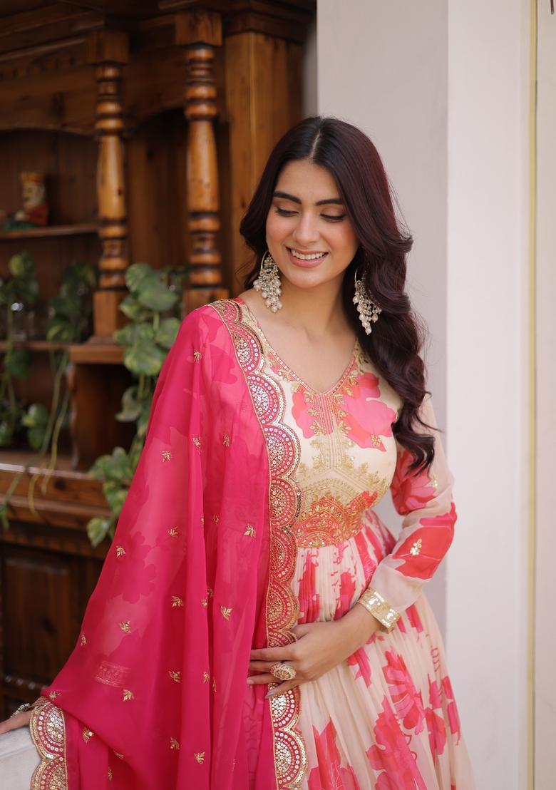 Pink Embroidered Silk Anarkali With Dupatta - Indya