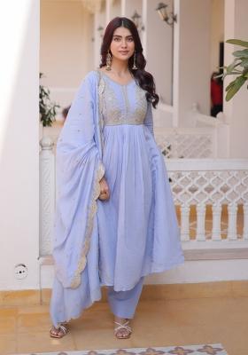 Sky Blue Beads Work Mal Chanderi Anarkali Set
